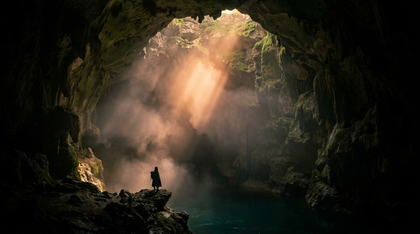 AI-created editorial illustration of daylight falling into a vast unmapped cavern